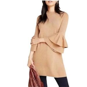Anthropologie Sweater Dress Size XS Tan Gold Metallic Tiered Ruffle Bell Sleeve